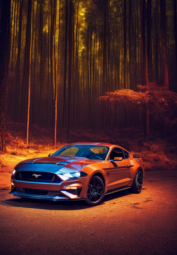 ford mustang, at night forest